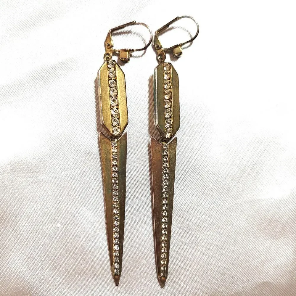 Vtg Signed Sorrelli Spikey Dagger Goldtone Rhinestone Earrings 3.5